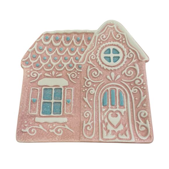 Godinger Pastel Pink Gingerbread House 6in Ceramic Appetizer Plates New - Picture 2 of 16